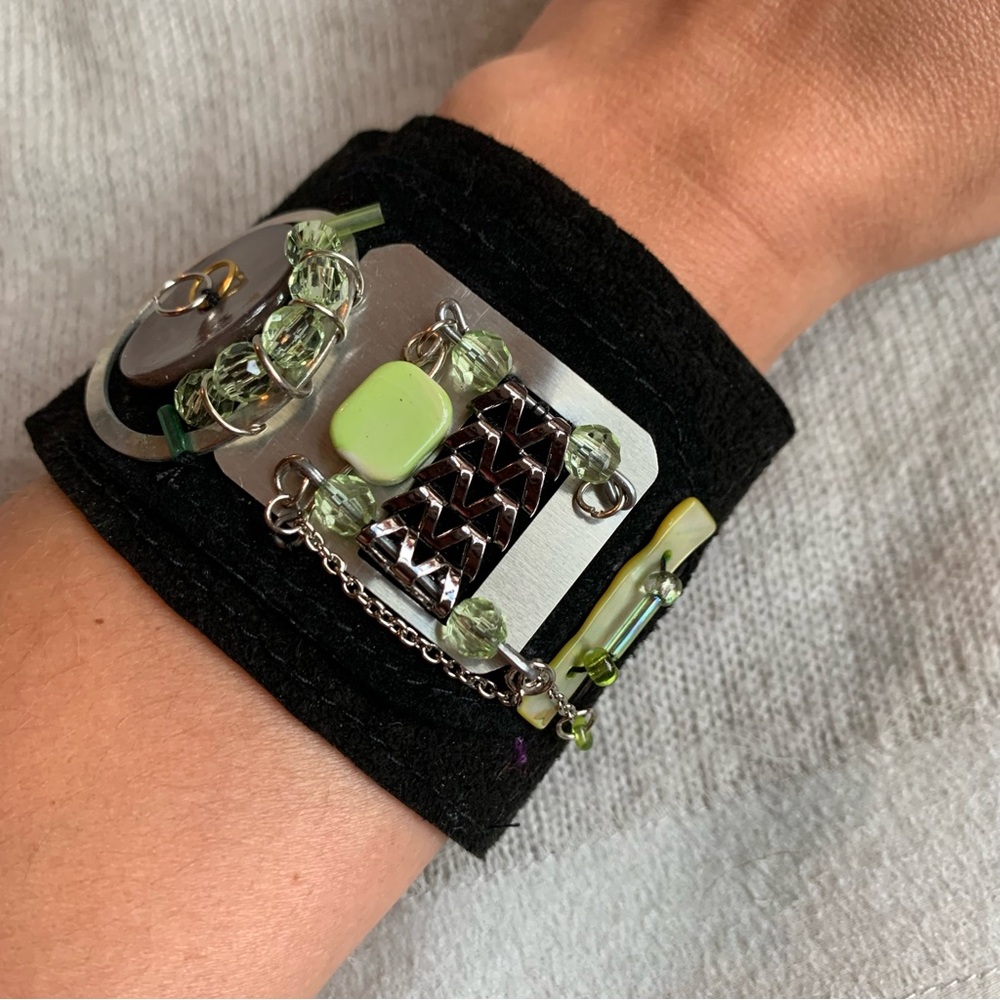 Hand crafted - Black Leather Cuff green bead metal recycle ajustable bracelet